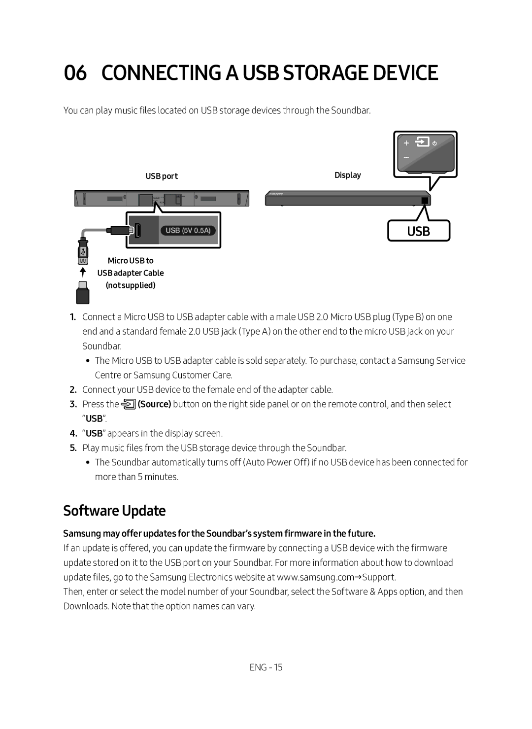 Samsung HW-N450/ZF Connecting a USB Storage Device, Software Update, USB port, Micro USB to USB adapter Cable Not supplied 