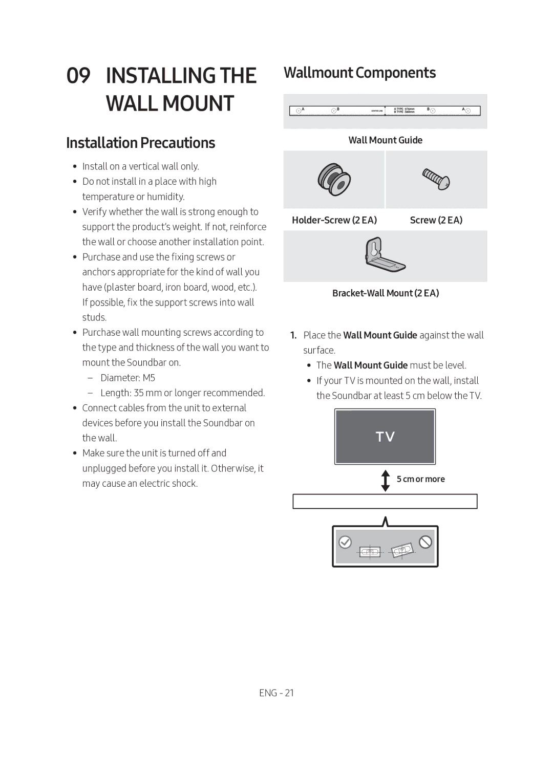 Samsung HW-N450/ZF manual Installing the Wallmount Components, Installation Precautions, Bracket-Wall Mount 2 EA 
