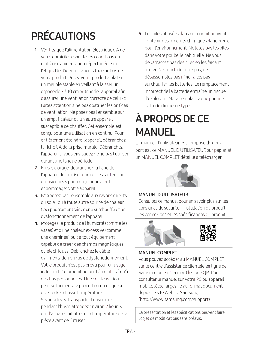 Samsung HW-N450/ZF manual Précautions, Propos DE CE Manuel, Manuel D’UTILISATEUR, Manuel Complet 