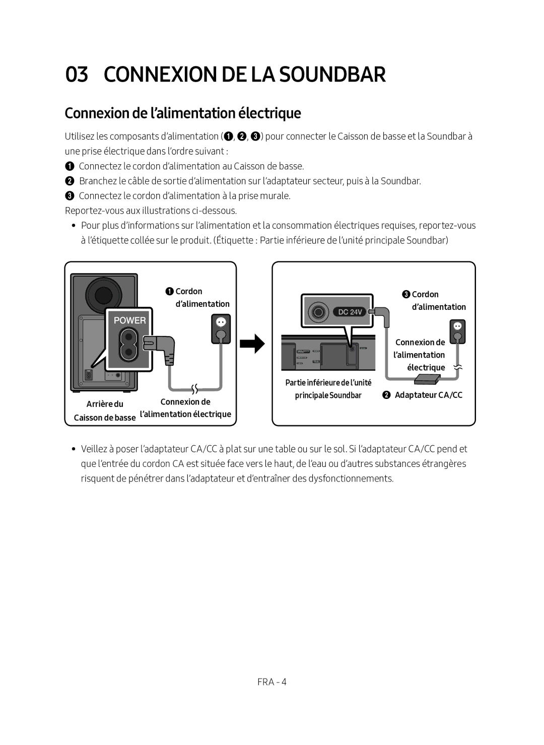 Samsung HW-N450/ZF manual Connexion DE LA Soundbar, Connexion de l’alimentation électrique 