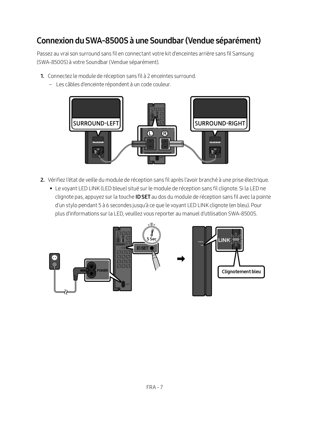 Samsung HW-N450/ZF manual Connexion du SWA-8500S à une Soundbar Vendue séparément, Clignotement bleu 