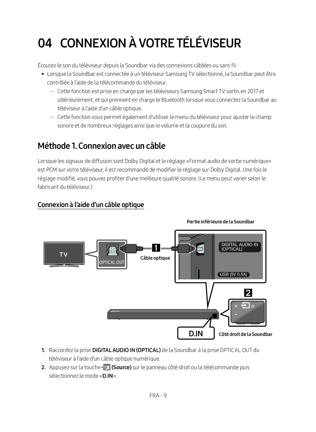 Samsung HW-N450/ZF Connexion À Votre Téléviseur, Méthode 1. Connexion avec un câble, Connexion à l’aide d’un câble optique 