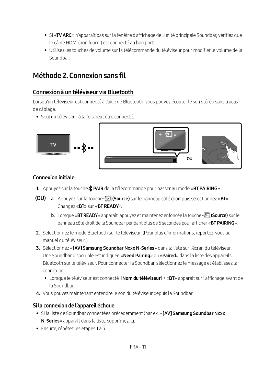 Samsung HW-N450/ZF manual Méthode 2. Connexion sans fil, Connexion à un téléviseur via Bluetooth, Connexion initiale 