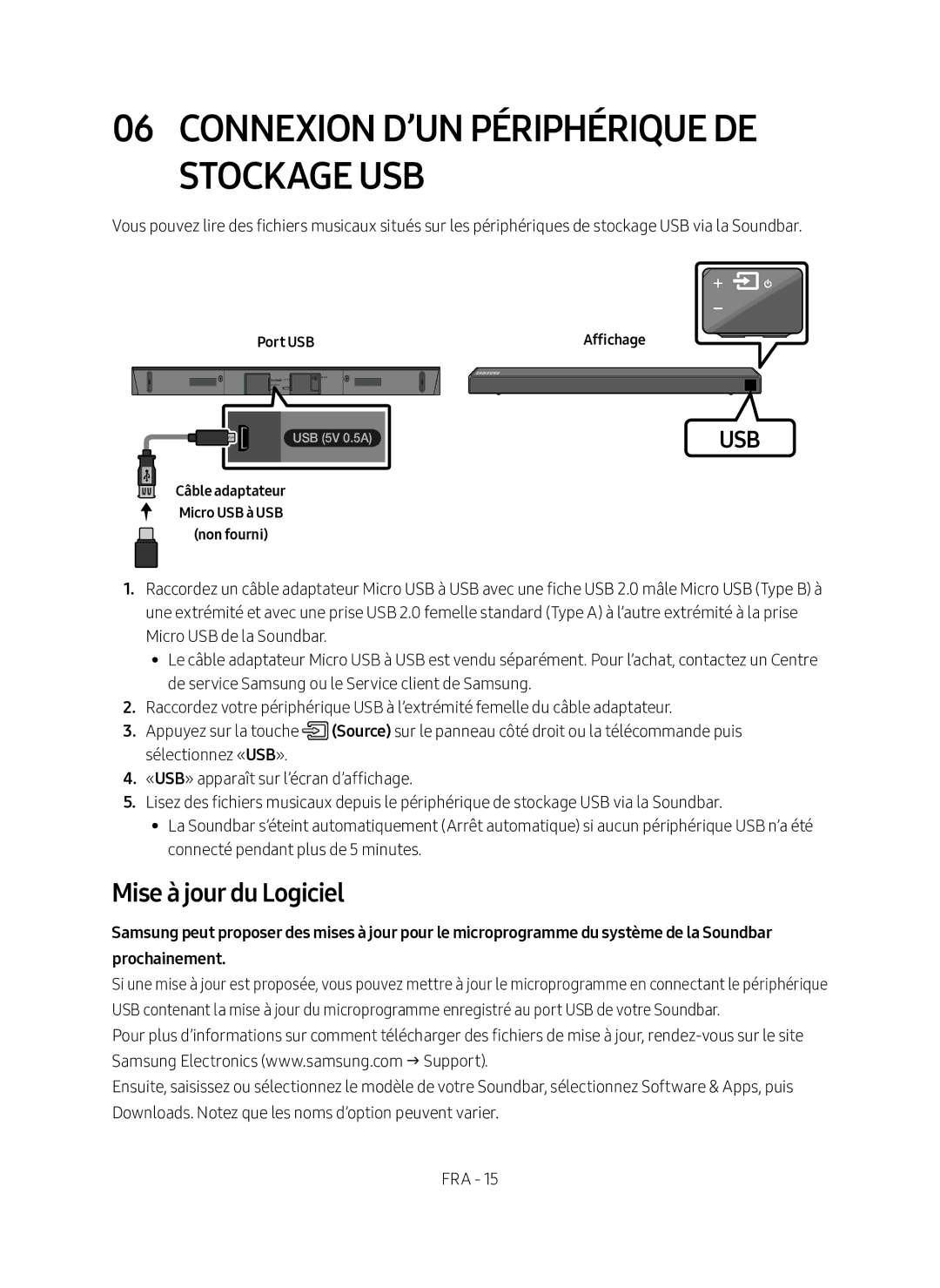 Samsung HW-N450/ZF manual Mise à jour du Logiciel, Port USB 