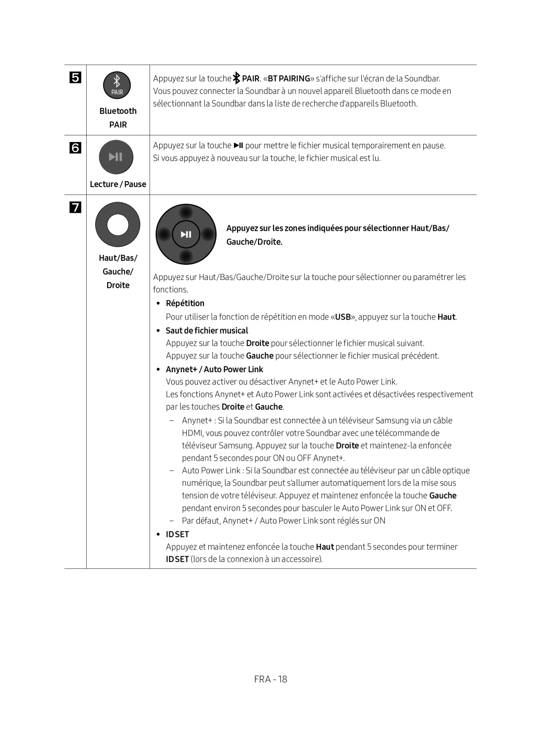 Samsung HW-N450/ZF manual Lecture / Pause, Gauche/Droite, Répétition, Saut de fichier musical 