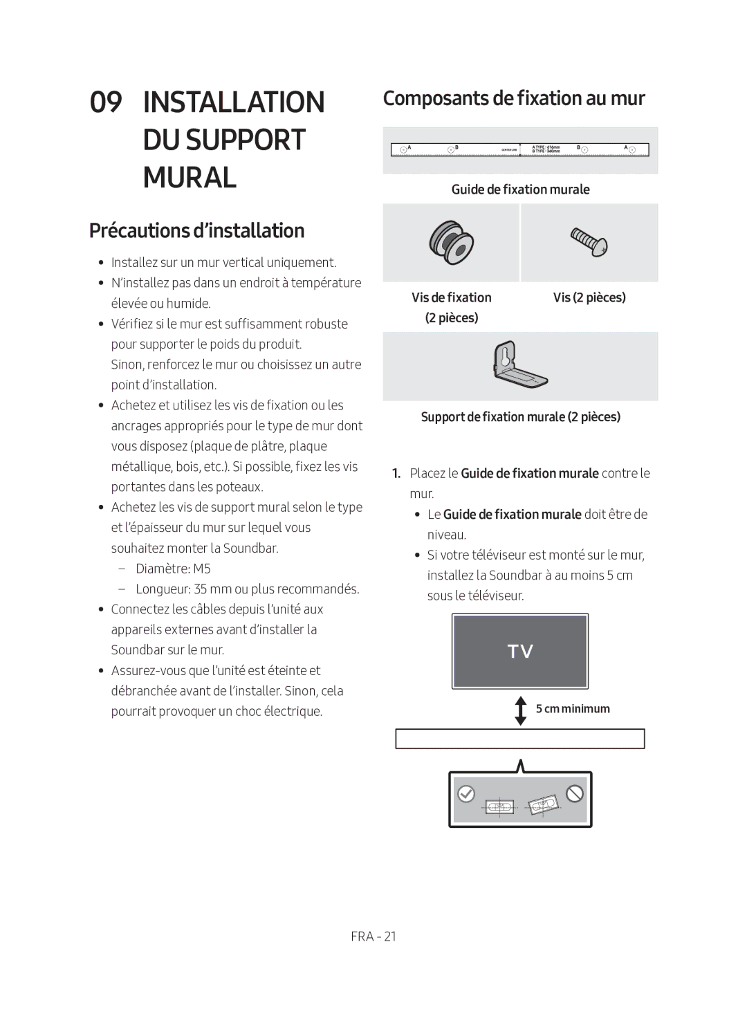 Samsung HW-N450/ZF manual Précautions d’installation, Composants de fixation au mur, Guide de fixation murale, Cm minimum 