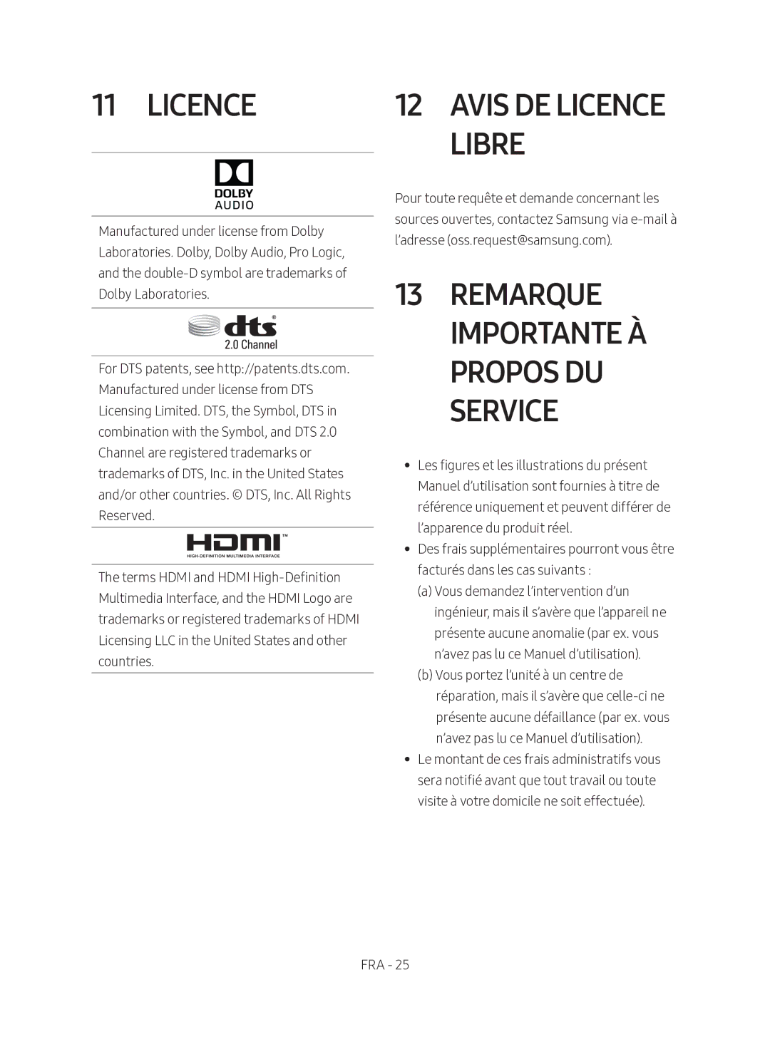 Samsung HW-N450/ZF manual Remarque Importante À Propos DU Service, Avis DE Licence Libre 