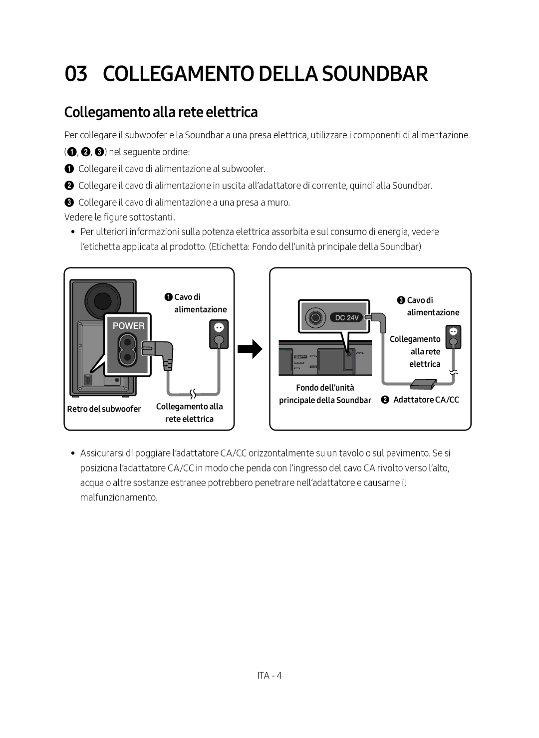 Samsung HW-N450/ZF manual Collegamento Della Soundbar, Collegamento alla rete elettrica, Retro del subwoofer 