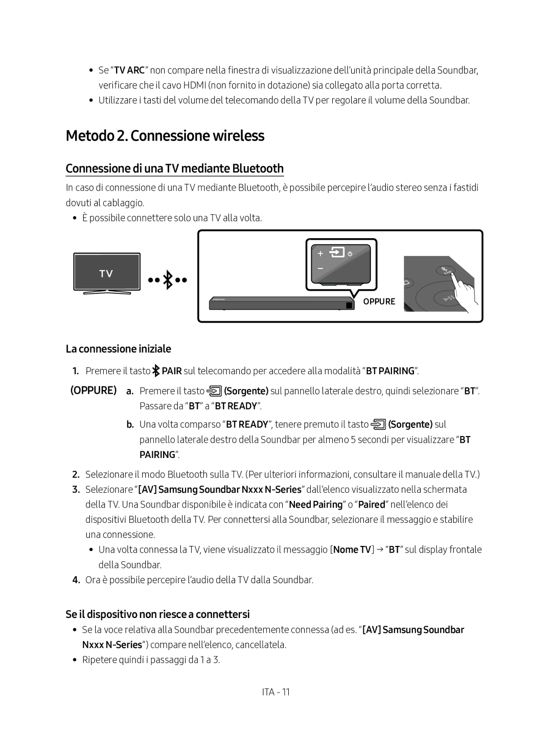 Samsung HW-N450/ZF manual Metodo 2. Connessione wireless, Connessione di una TV mediante Bluetooth, La connessione iniziale 