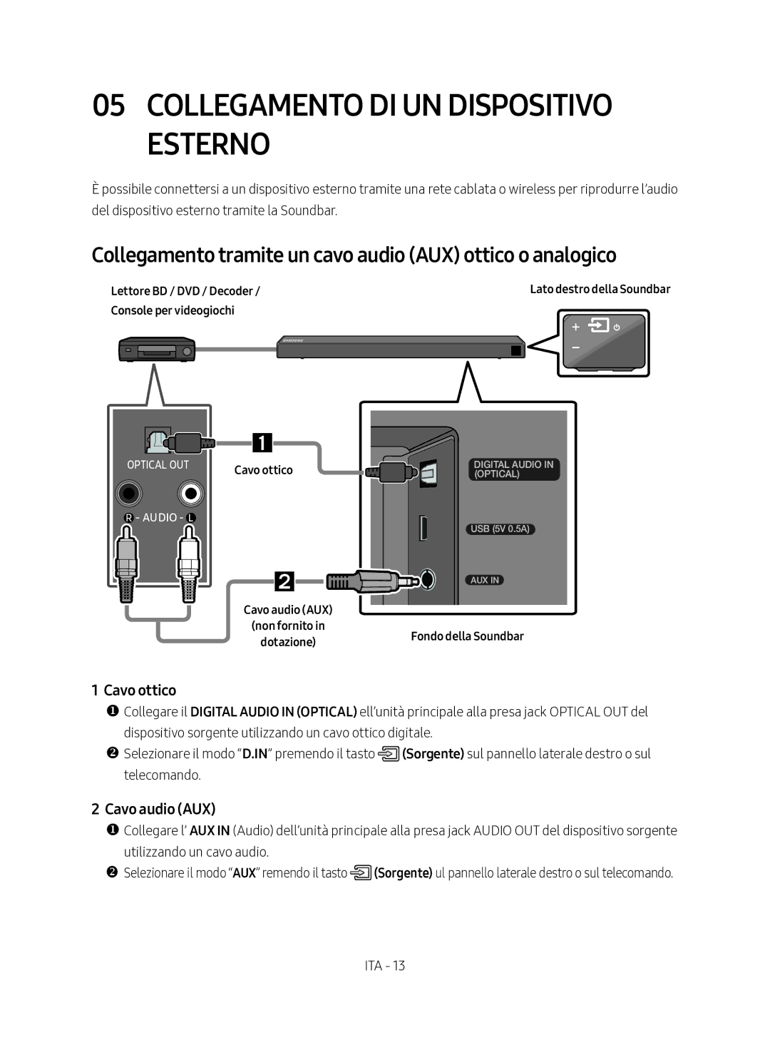 Samsung HW-N450/ZF manual Collegamento DI UN Dispositivo Esterno, Collegamento tramite un cavo audio AUX ottico o analogico 