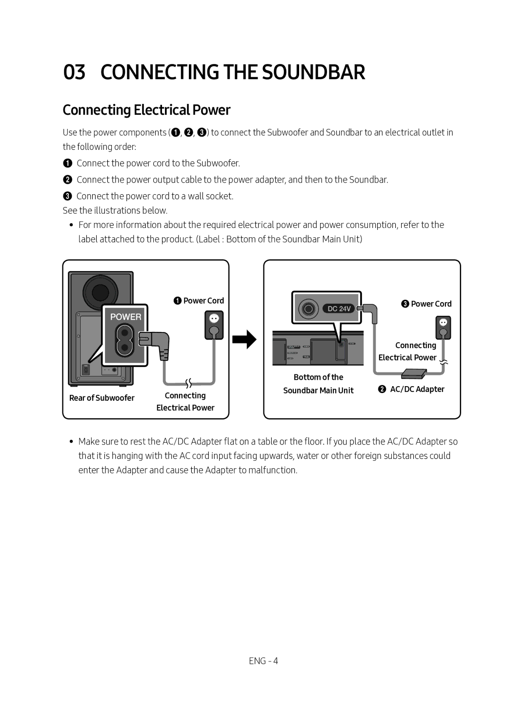 Samsung HW-N450/ZF Connecting the Soundbar, Connecting Electrical Power, 1Power Cord 3Power Cord, Bottom Rear of Subwoofer 