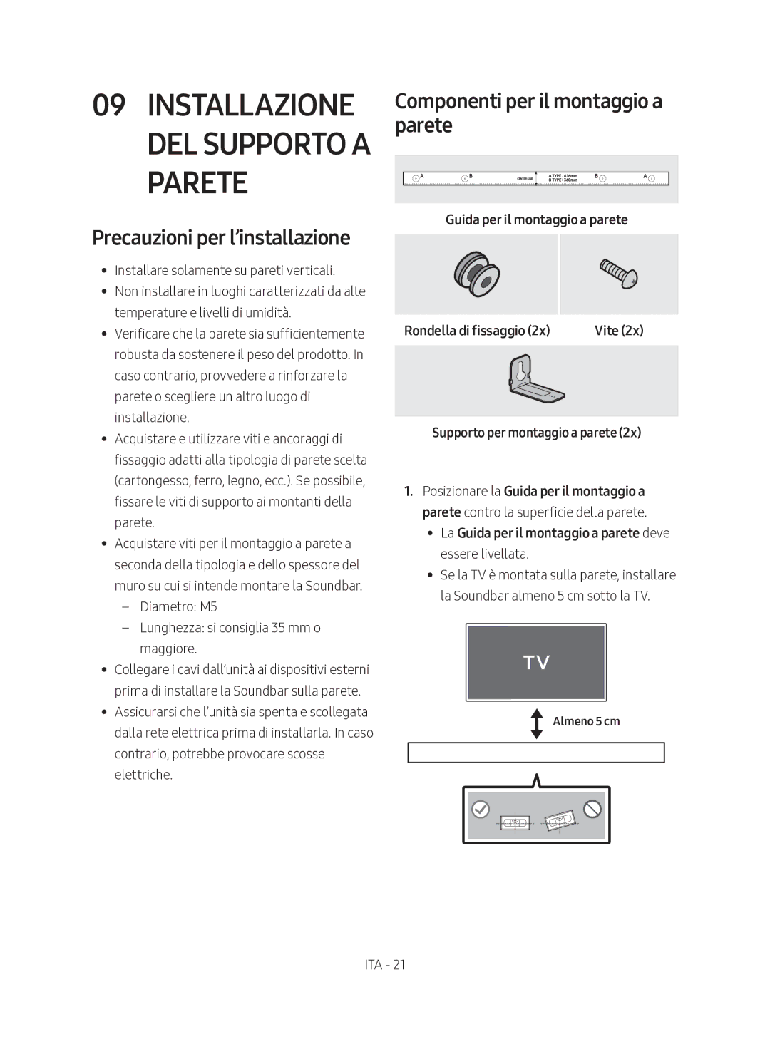 Samsung HW-N450/ZF Precauzioni per l’installazione, Componenti per il montaggio a parete, Supporto per montaggio a parete 