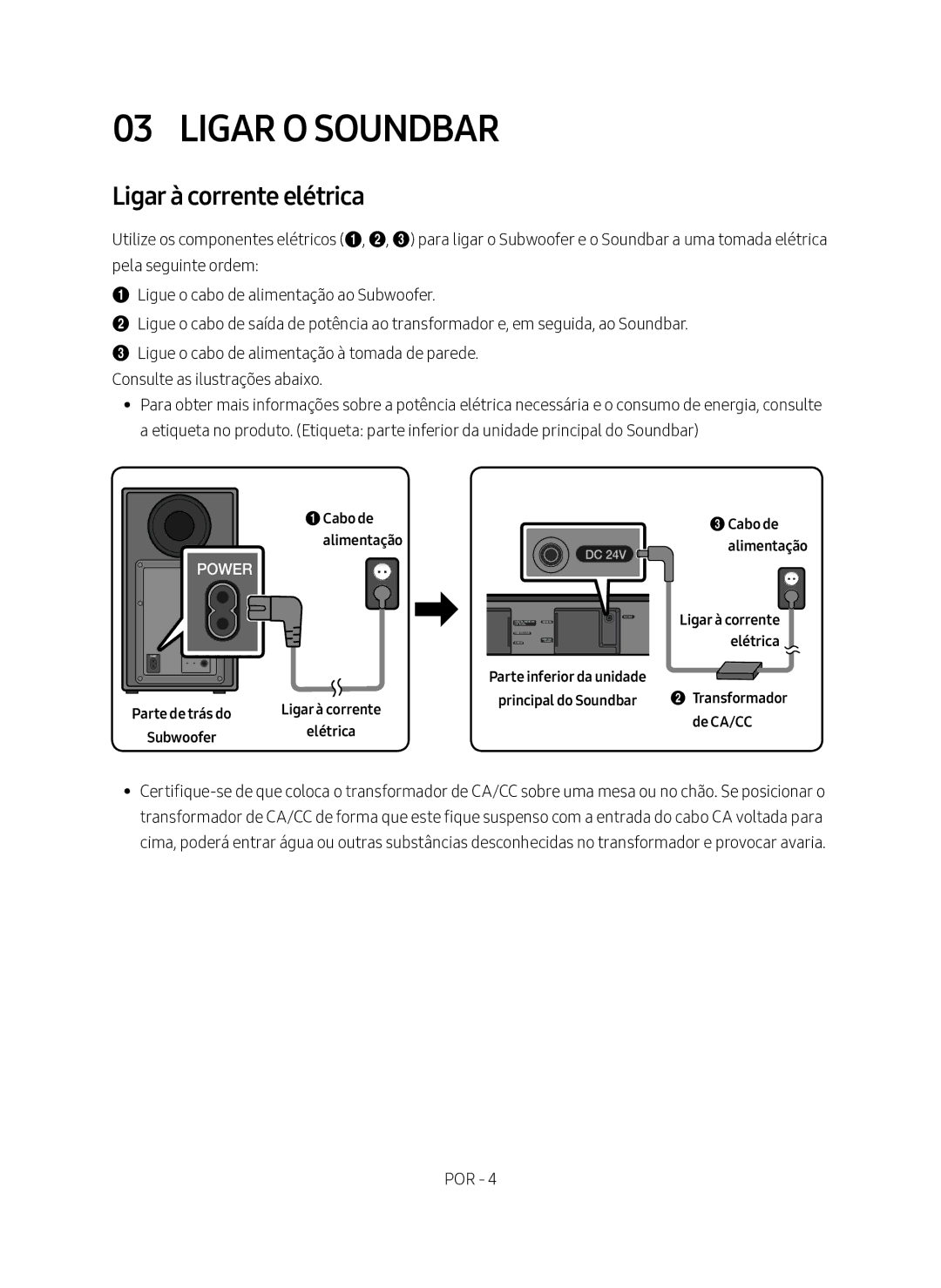 Samsung HW-N450/ZF manual Ligar O Soundbar, Ligar à corrente elétrica 