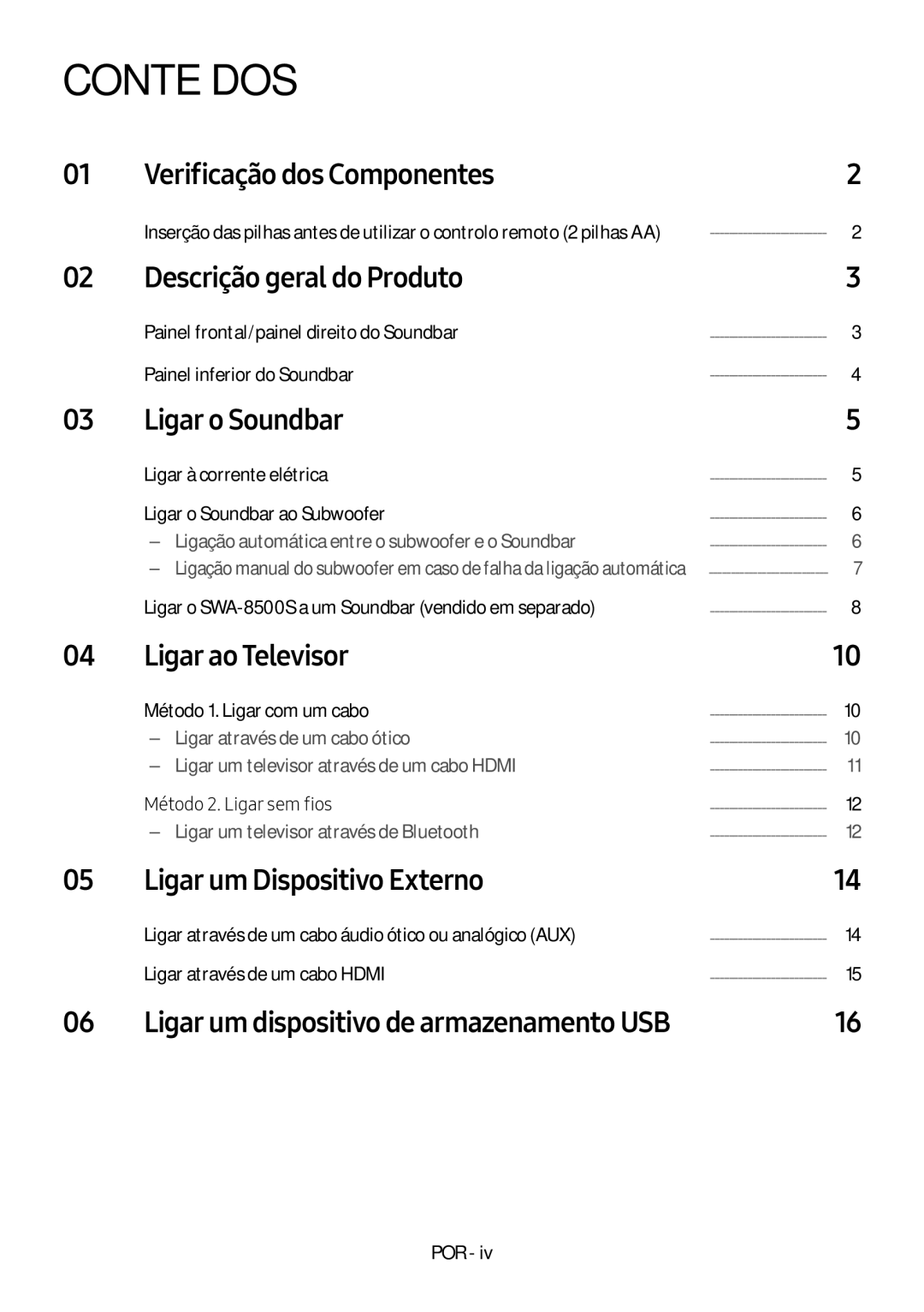 Samsung HW-N450/ZG, HW-N450/ZF, HW-N450/XN, HW-N450/EN, HW-N460/XE manual Conteúdos 