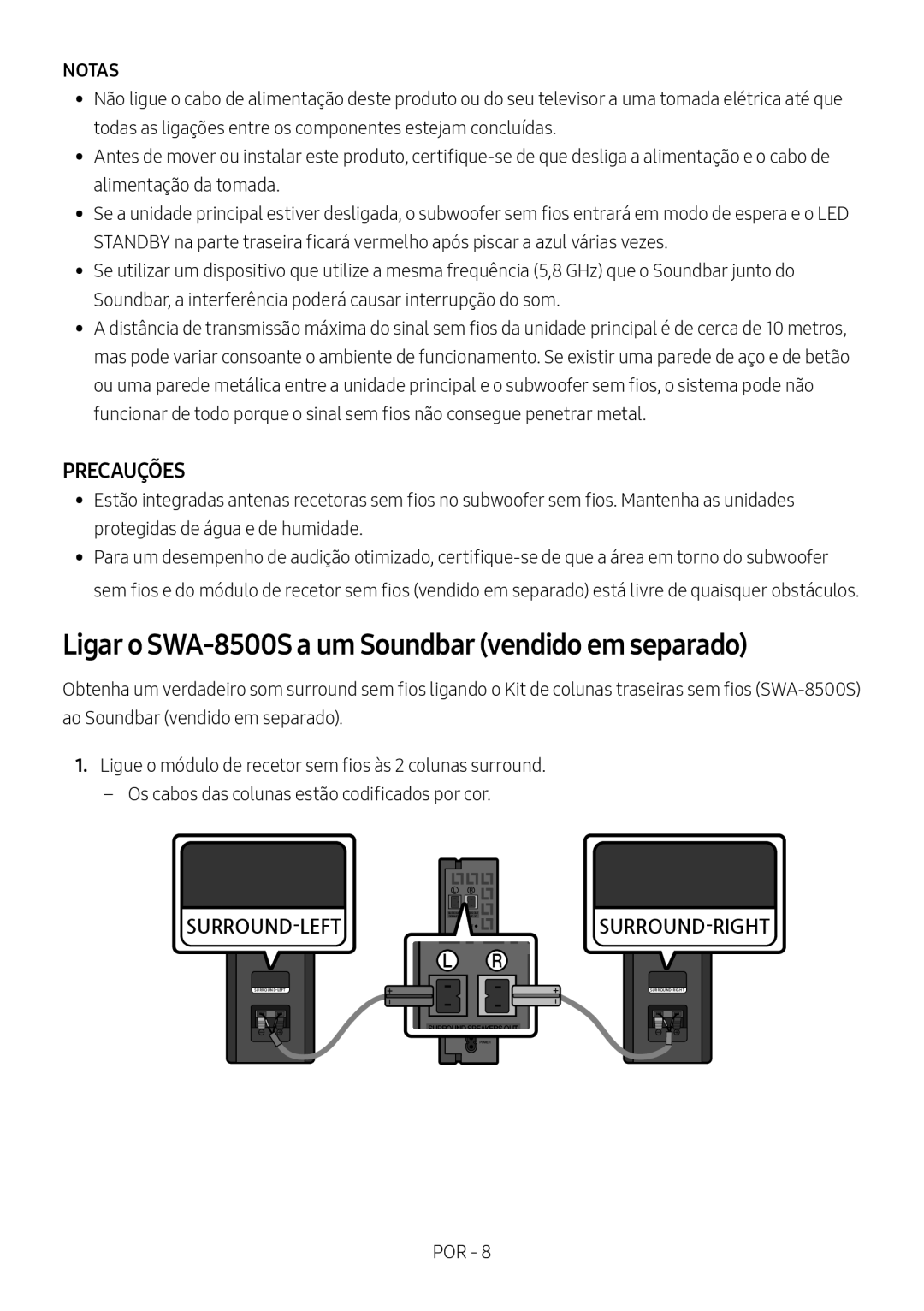 Samsung HW-N450/EN, HW-N450/ZG, HW-N450/ZF, HW-N450/XN, HW-N460/XE Ligar o SWA-8500S a um Soundbar vendido em separado, Notas 