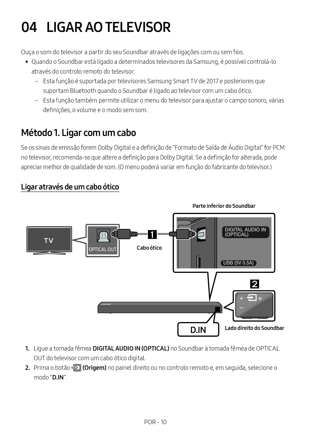 Samsung HW-N450/ZG, HW-N450/ZF Ligar AO Televisor, Método 1. Ligar com um cabo, Ligar através de um cabo ótico, Cabo ótico 