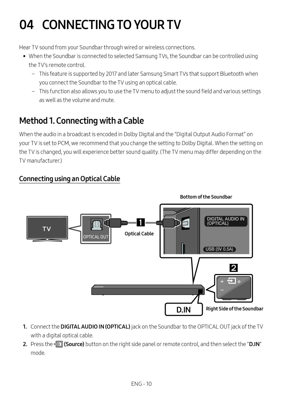 Samsung HW-N460/XE, HW-N450/ZG Connecting to Your TV, Method 1. Connecting with a Cable, Connecting using an Optical Cable 