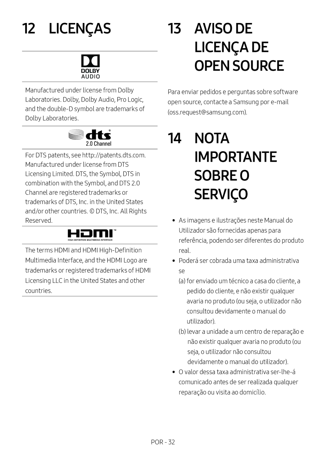 Samsung HW-N450/XN, HW-N450/ZG, HW-N450/ZF, HW-N450/EN, HW-N460/XE manual Licenças, Aviso DE Licença DE Open Source 