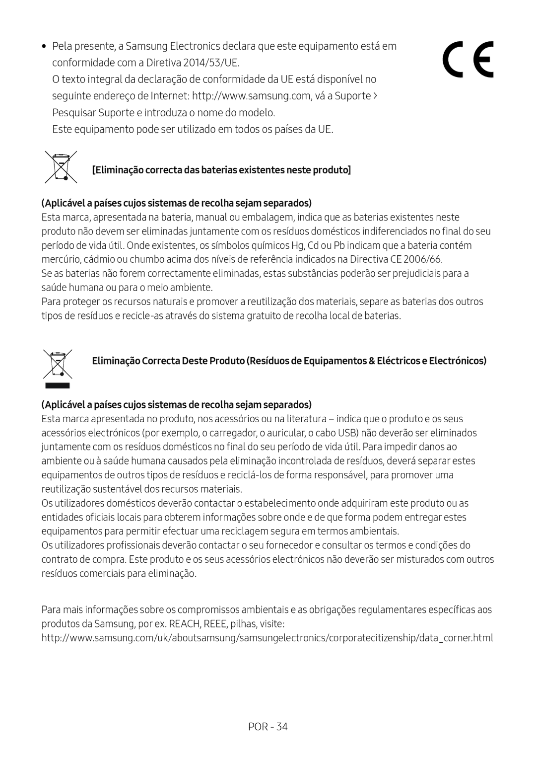 Samsung HW-N460/XE, HW-N450/ZG, HW-N450/ZF, HW-N450/XN manual Aplicável a países cujos sistemas de recolha sejam separados 