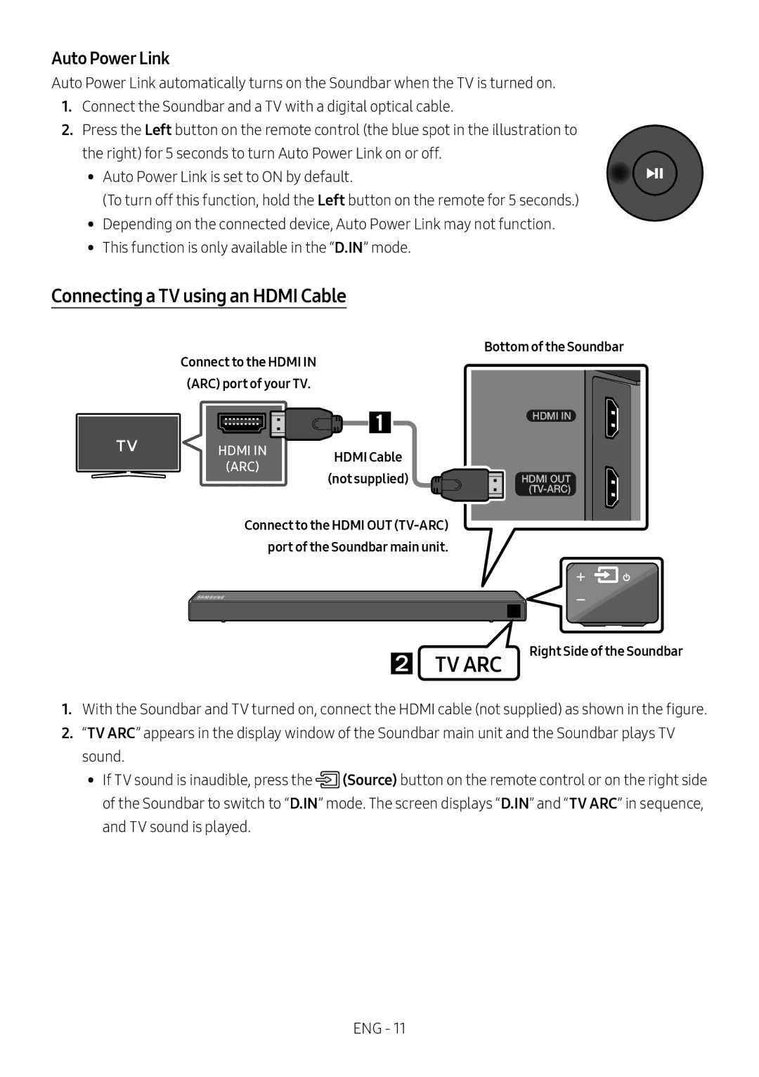 Samsung HW-N450/ZG Connecting a TV using an Hdmi Cable, Auto Power Link, Hdmi Cable Not supplied Bottom of the Soundbar 