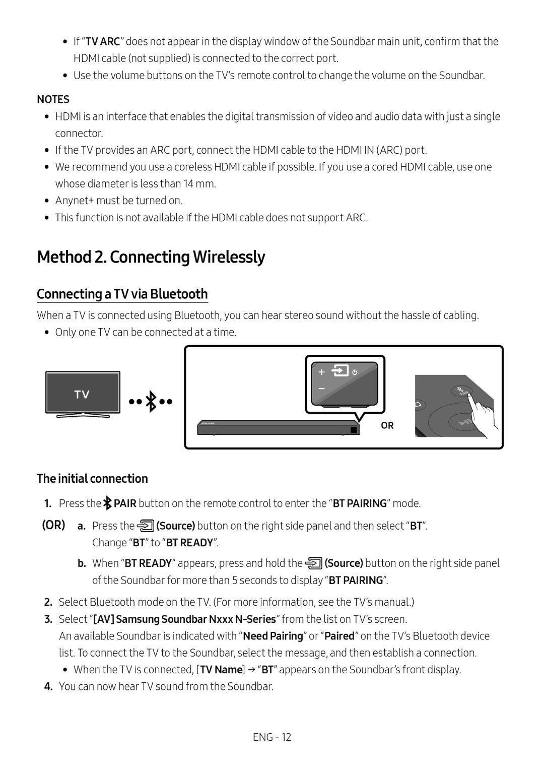 Samsung HW-N450/ZF, HW-N450/ZG manual Method 2. Connecting Wirelessly, Connecting a TV via Bluetooth, Initial connection 