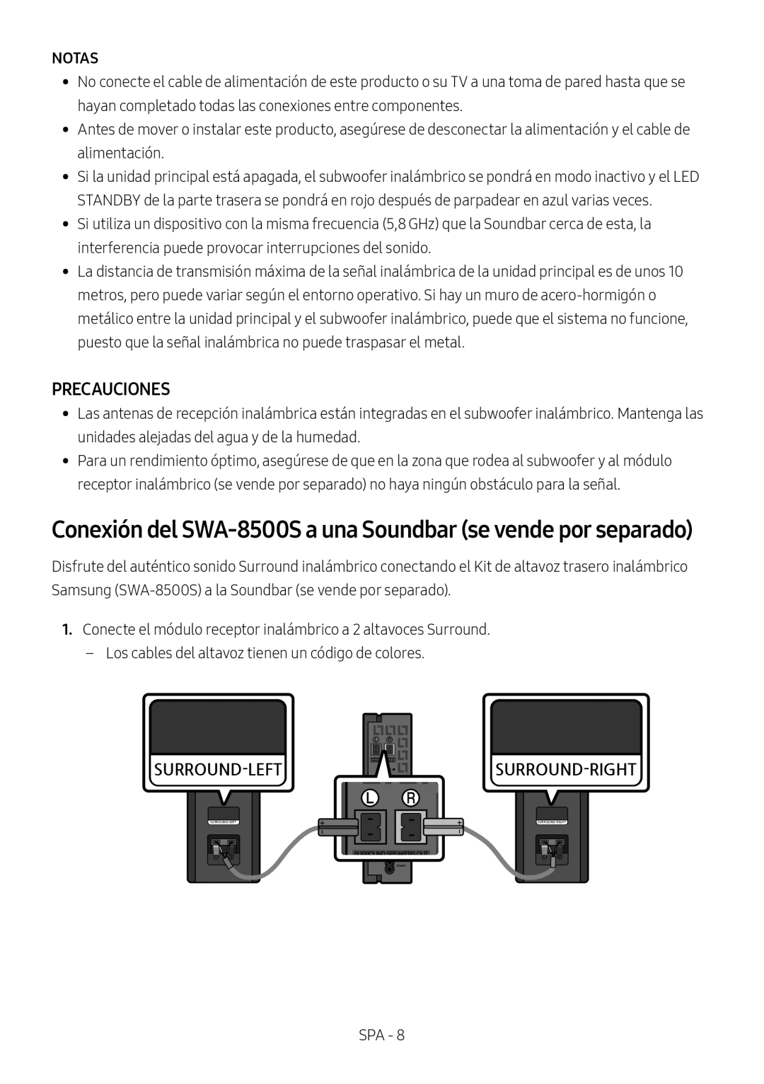 Samsung HW-N450/ZG, HW-N450/ZF, HW-N450/XN, HW-N450/EN manual Conexión del SWA-8500S a una Soundbar se vende por separado 