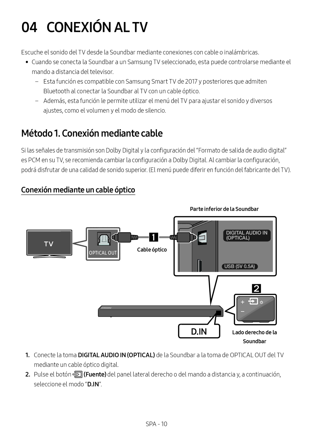 Samsung HW-N450/XN, HW-N450/ZG manual Conexión AL TV, Método 1. Conexión mediante cable, Conexión mediante un cable óptico 