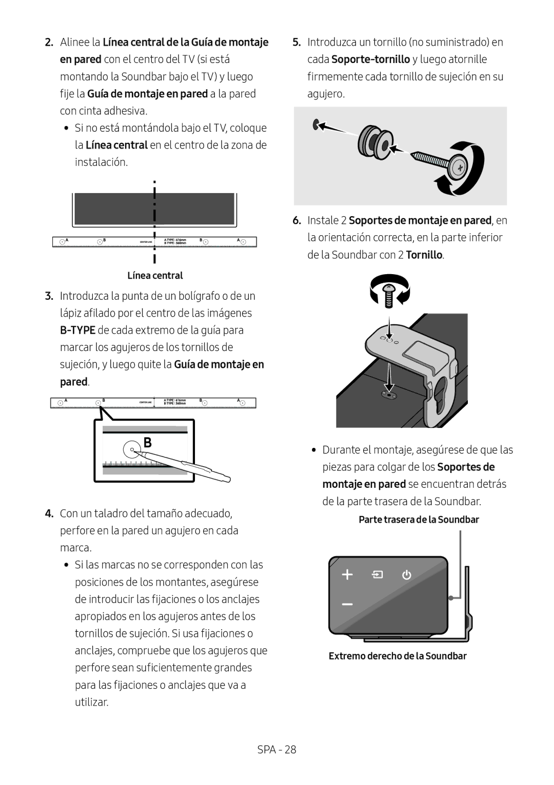 Samsung HW-N450/ZG, HW-N450/ZF, HW-N450/XN manual Línea central, Parte trasera de la Soundbar Extremo derecho de la Soundbar 