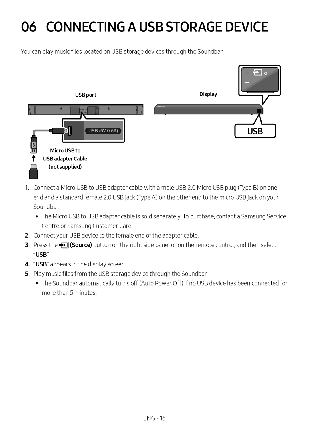 Samsung HW-N450/ZG, HW-N450/ZF manual Connecting a USB Storage Device, USB port, Micro USB to USB adapter Cable Not supplied 