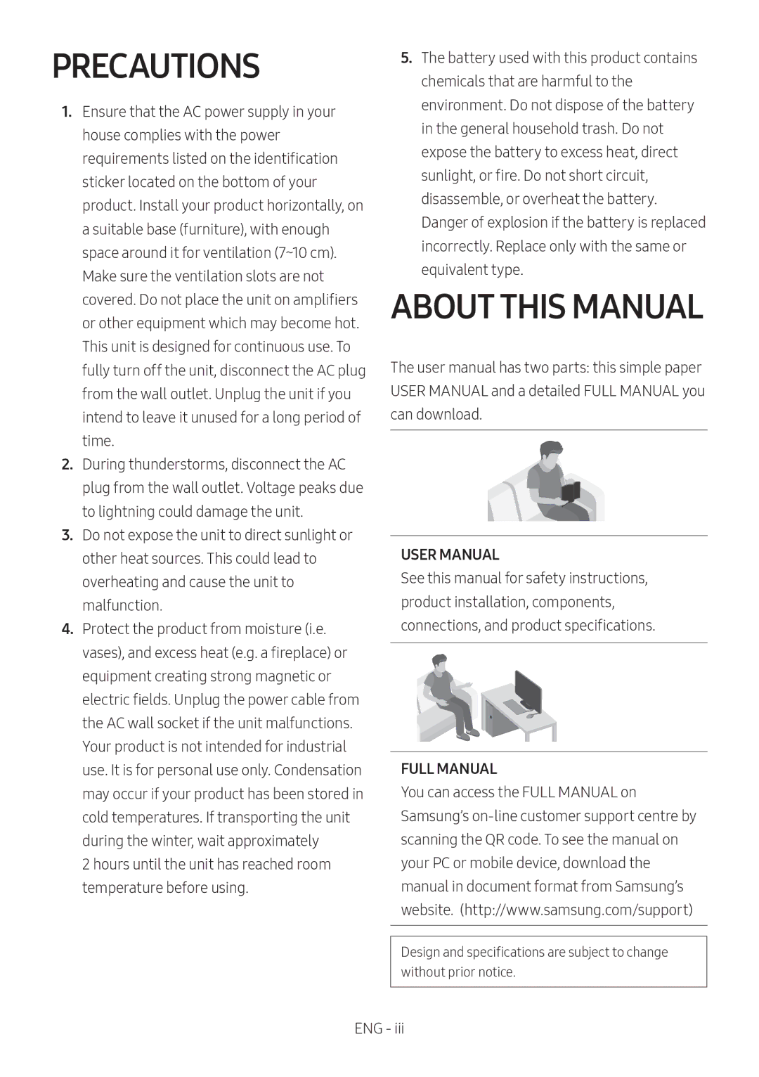 Samsung HW-N450/EN, HW-N450/ZG, HW-N450/ZF, HW-N450/XN, HW-N460/XE manual Precautions, About this Manual, Full Manual 