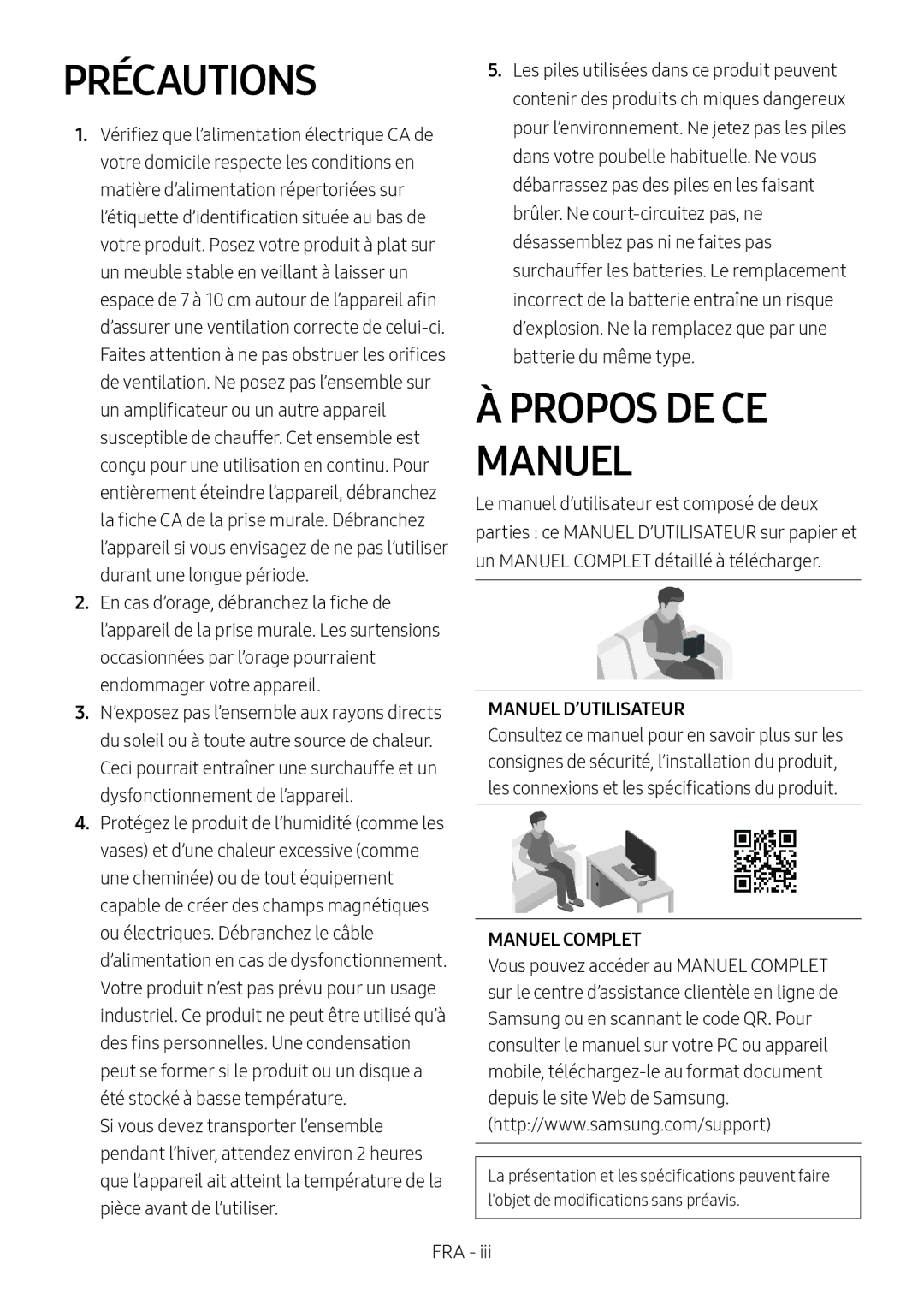 Samsung HW-N450/ZG, HW-N450/ZF, HW-N450/XN manual Précautions, Propos DE CE Manuel, Manuel D’UTILISATEUR, Manuel Complet 