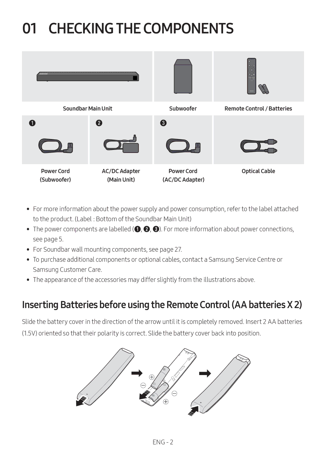 Samsung HW-N450/ZF, HW-N450/ZG, HW-N450/XN, HW-N450/EN, HW-N460/XE Checking the Components, Soundbar Main Unit, Subwoofer 