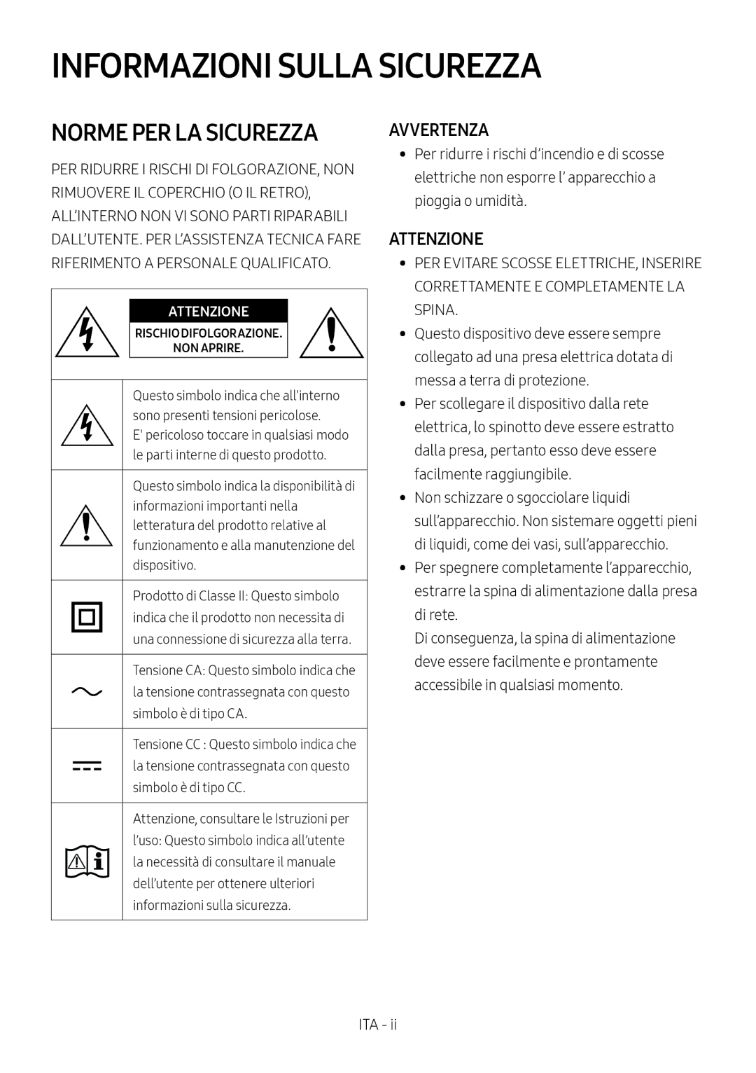 Samsung HW-N450/ZF, HW-N450/ZG, HW-N450/XN, HW-N450/EN, HW-N460/XE manual Informazioni Sulla Sicurezza, Norme PER LA Sicurezza 