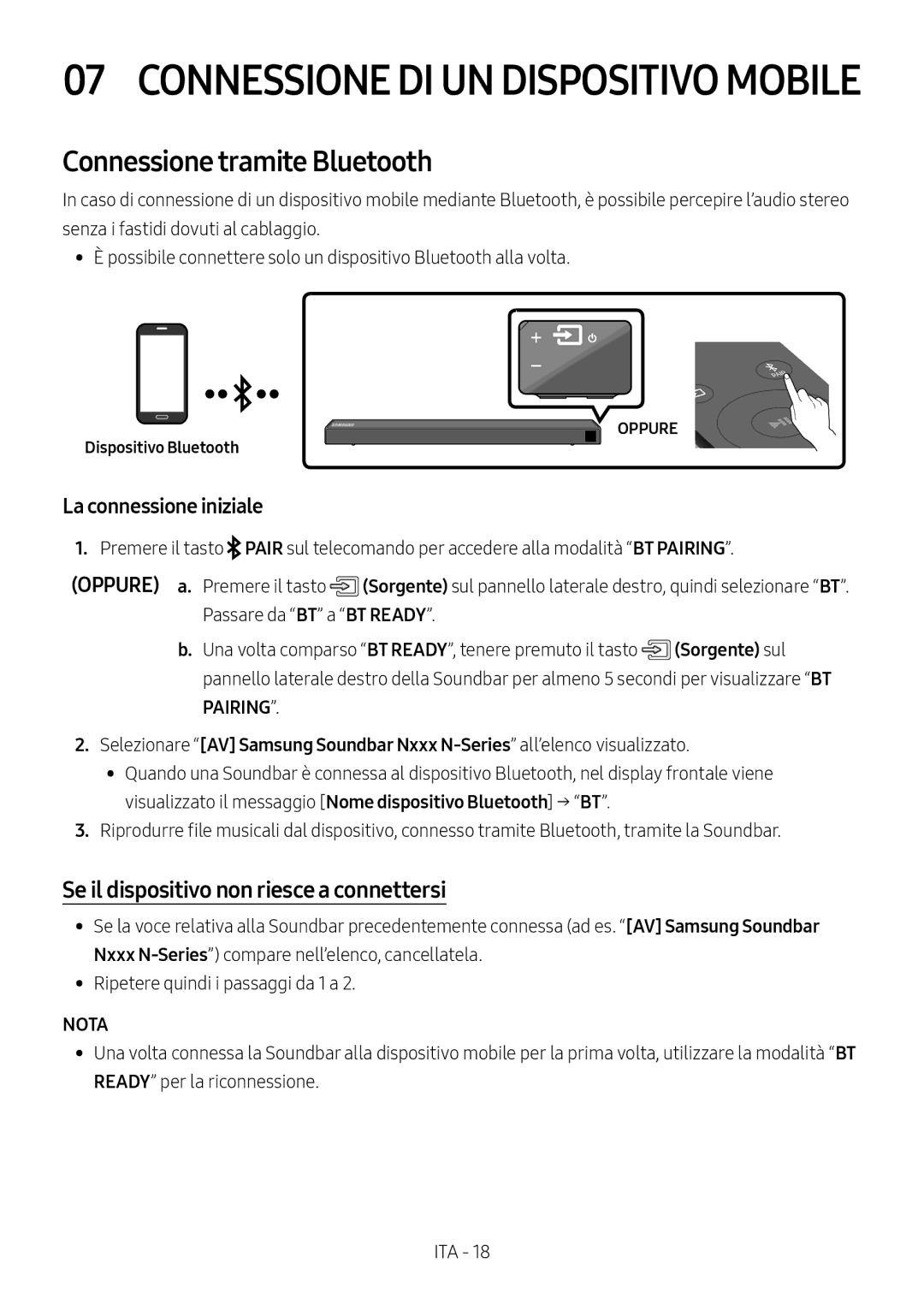 Samsung HW-N450/ZF manual Connessione tramite Bluetooth, Se il dispositivo non riesce a connettersi, Dispositivo Bluetooth 