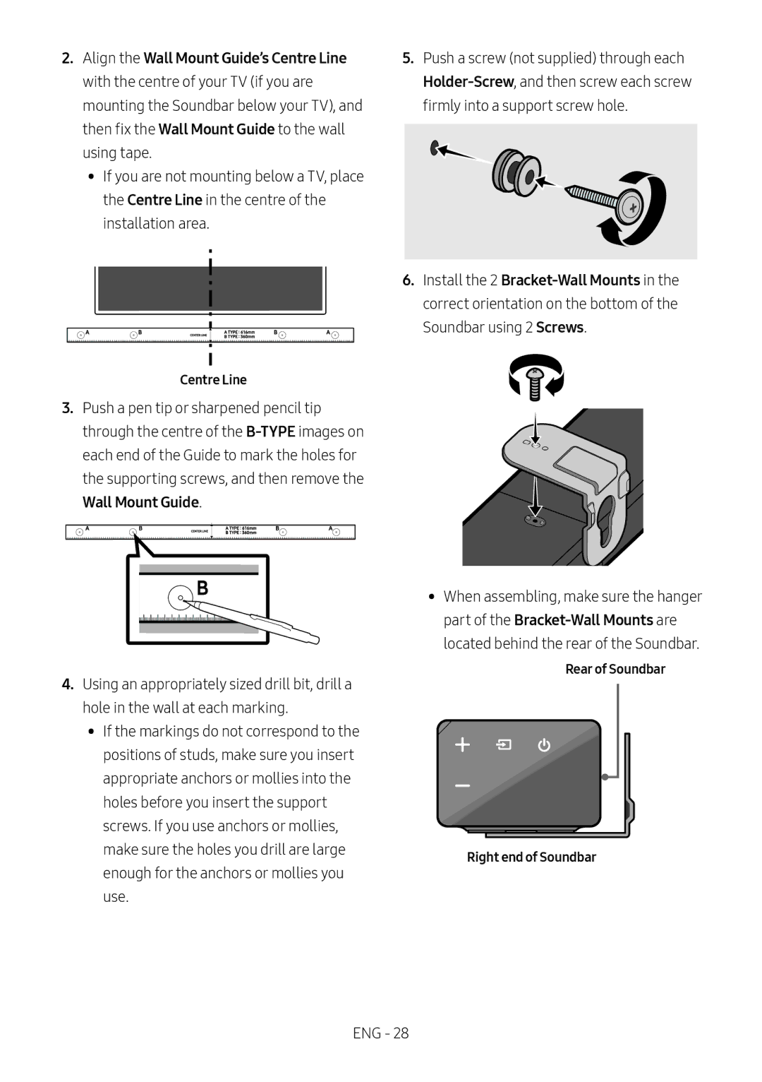 Samsung HW-N450/XN, HW-N450/ZG, HW-N450/ZF, HW-N450/EN, HW-N460/XE manual Centre Line, Rear of Soundbar Right end of Soundbar 