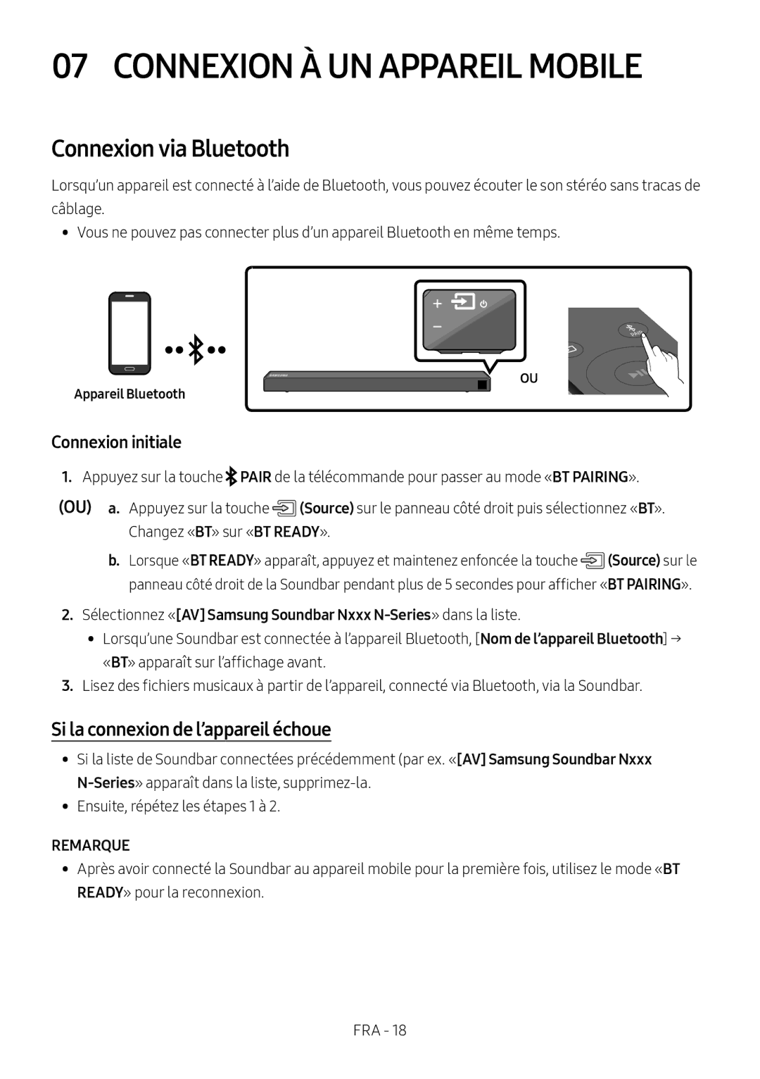 Samsung HW-N450/ZF manual Connexion À UN Appareil Mobile, Connexion via Bluetooth, Si la connexion de l’appareil échoue 