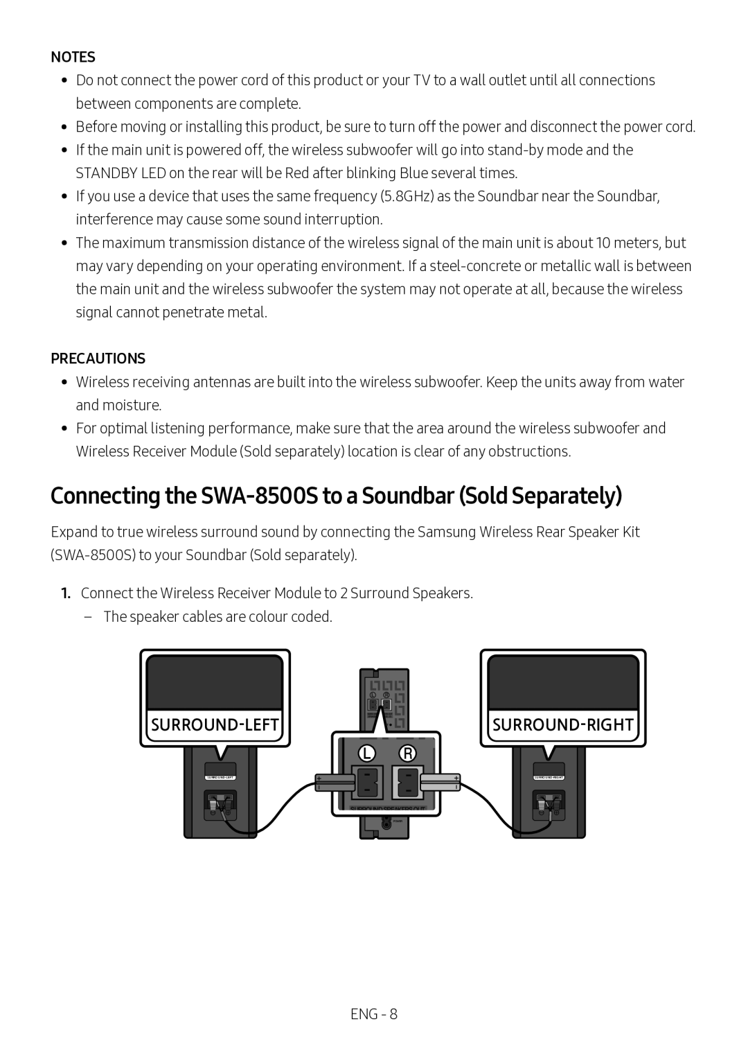 Samsung HW-N450/XN, HW-N450/ZG, HW-N450/ZF, HW-N450/EN Connecting the SWA-8500S to a Soundbar Sold Separately, Precautions 