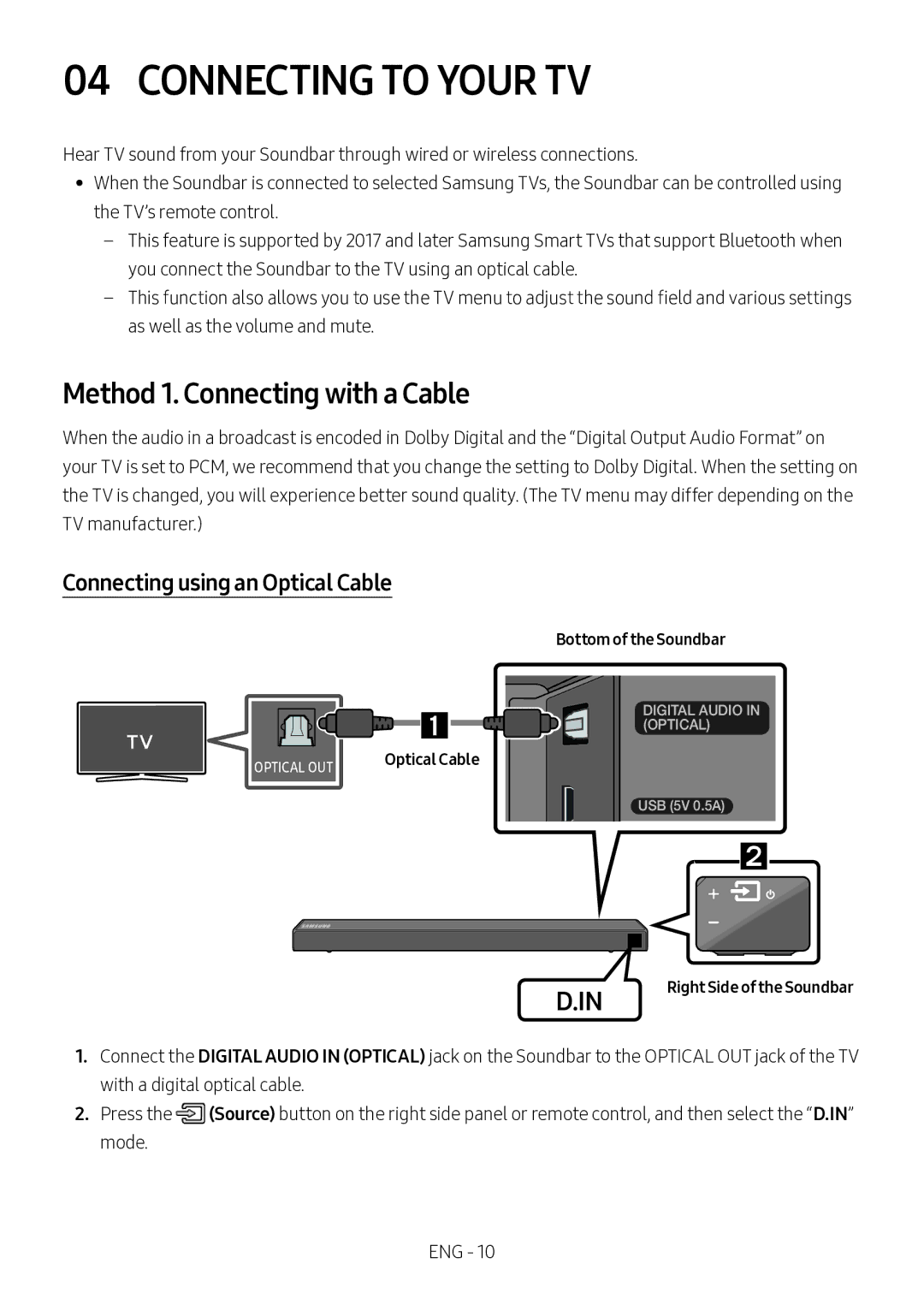 Samsung HW-N460/XE, HW-N450/ZG Connecting to Your TV, Method 1. Connecting with a Cable, Connecting using an Optical Cable 