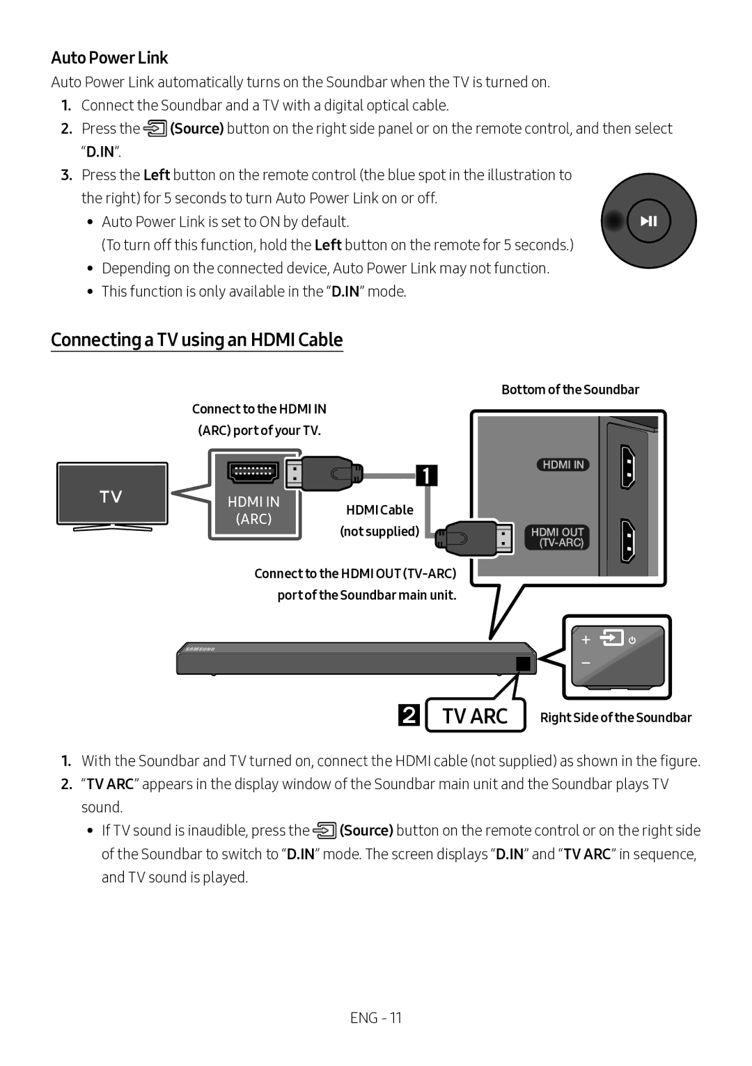 Samsung HW-N450/ZG, HW-N450/ZF, HW-N450/XN Connecting a TV using an Hdmi Cable, Auto Power Link, Bottom of the Soundbar 