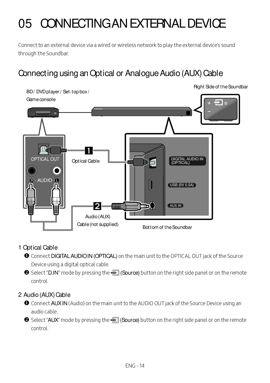 Samsung HW-N450/EN Connecting AN External Device, Connecting using an Optical or Analogue Audio AUX Cable, Optical Cable 