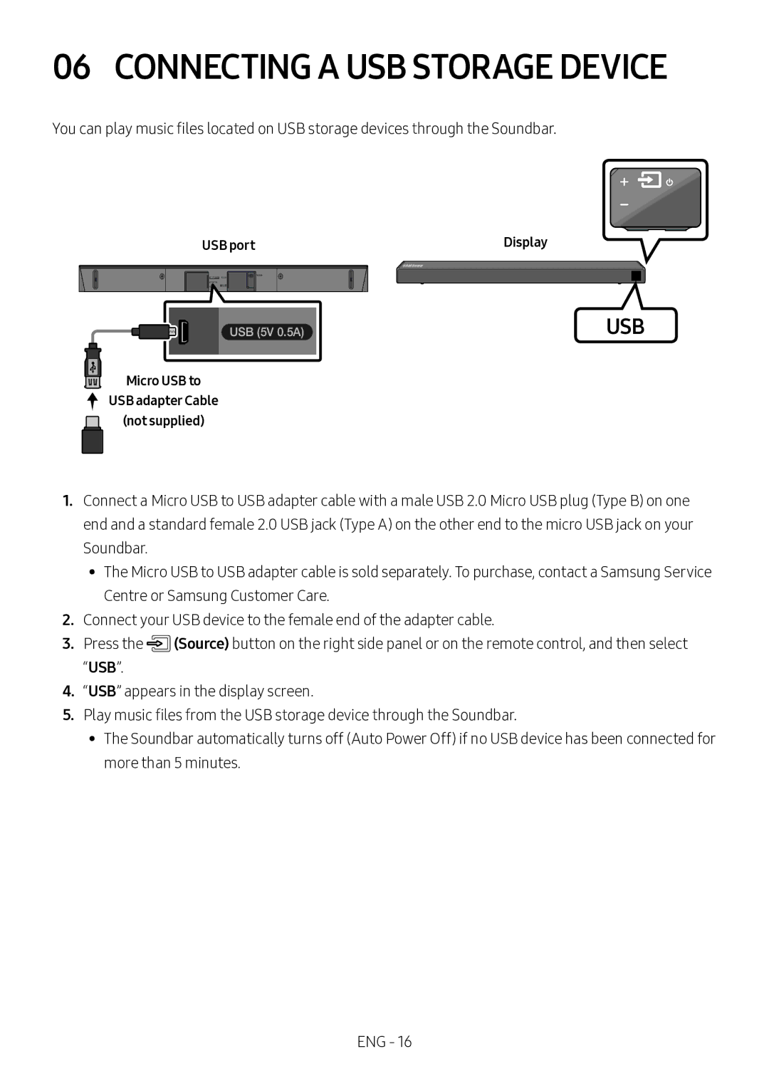 Samsung HW-N450/ZG, HW-N450/ZF manual Connecting a USB Storage Device, USB port, Micro USB to USB adapter Cable Not supplied 