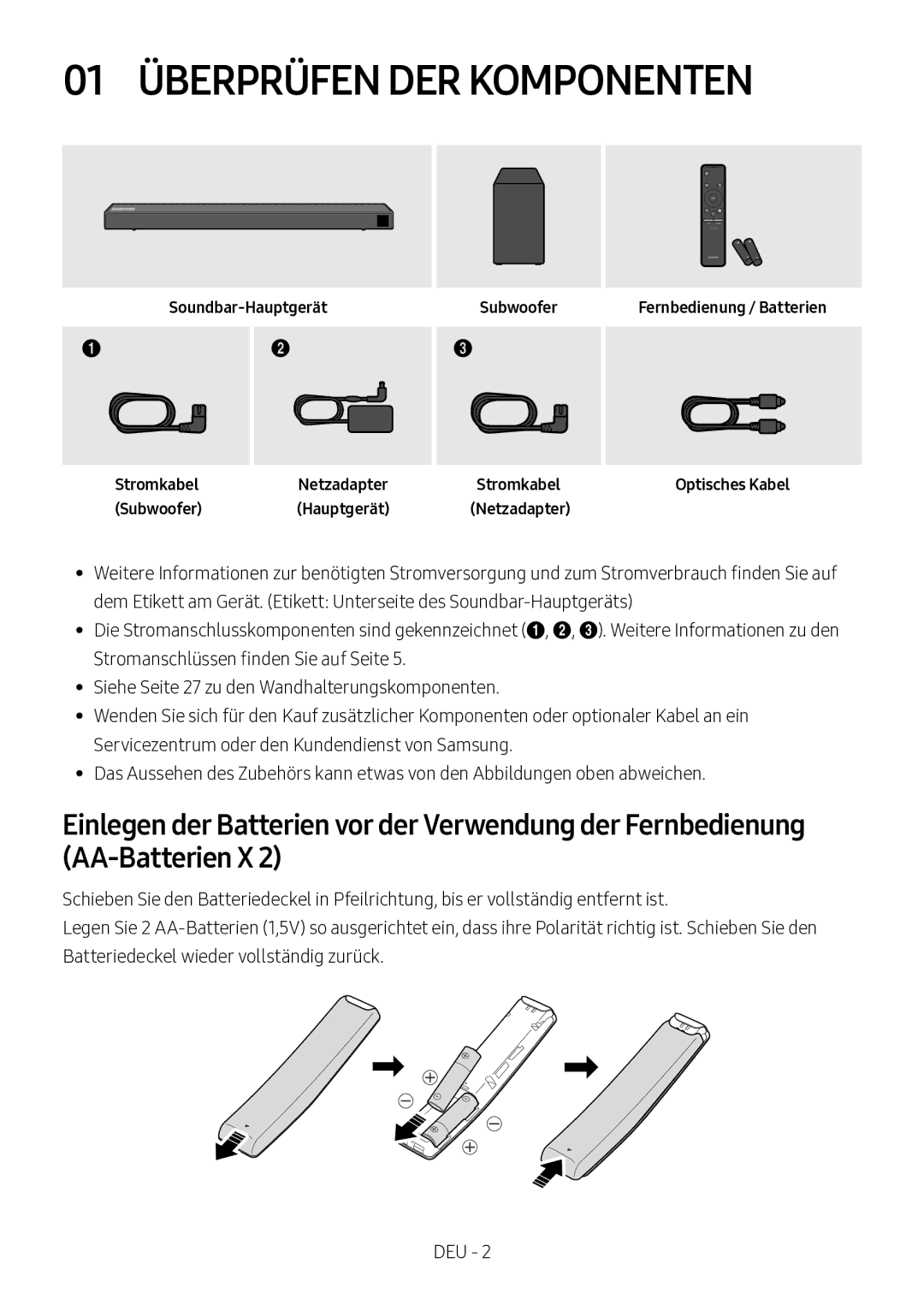 Samsung HW-N450/EN, HW-N450/ZG, HW-N450/ZF, HW-N450/XN, HW-N460/XE manual 01 Überprüfen DER Komponenten 