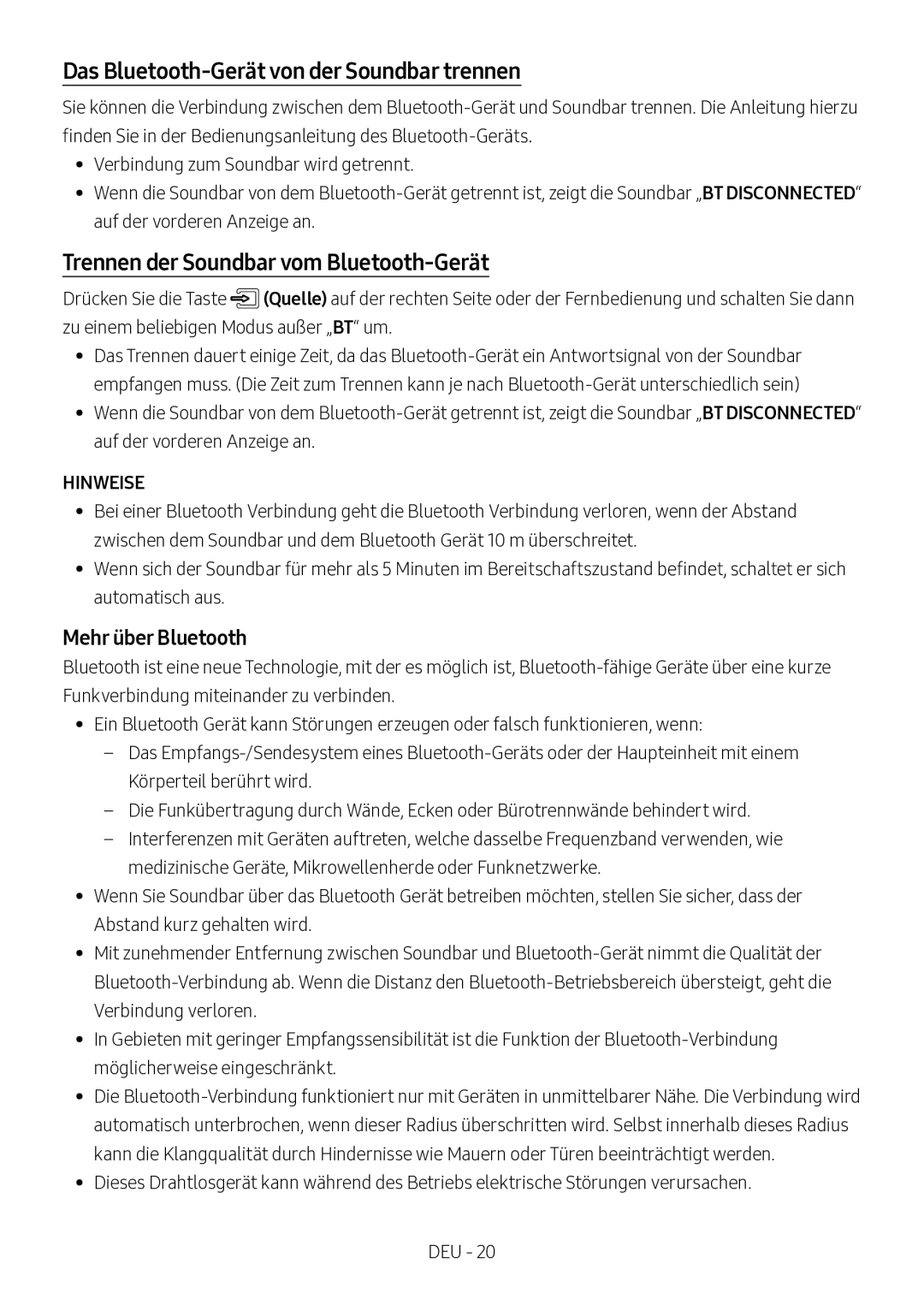 Samsung HW-N450/ZF, HW-N450/ZG manual Das Bluetooth-Gerät von der Soundbar trennen, Trennen der Soundbar vom Bluetooth-Gerät 