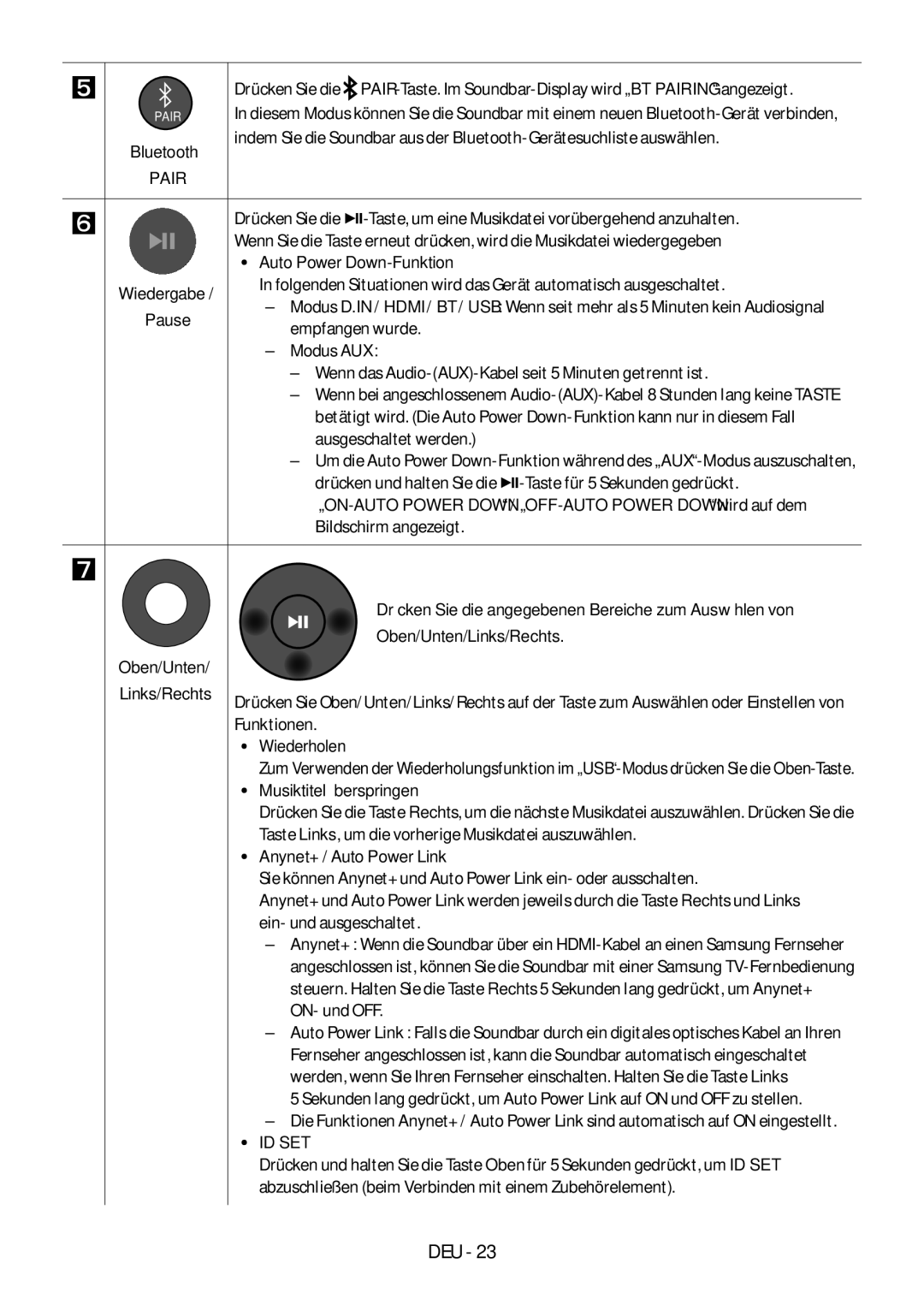 Samsung HW-N460/XE Bluetooth, Auto Power Down-Funktion, Empfangen wurde, Oben/Unten/Links/Rechts, Oben/Unten Links/Rechts 