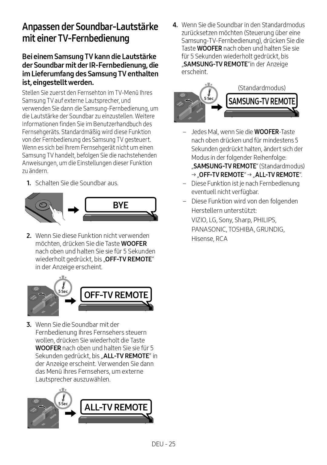 Samsung HW-N450/ZF manual Anpassen der Soundbar-Lautstärke mit einer TV-Fernbedienung, → „OFF-TV Remote → „ALL-TV Remote 