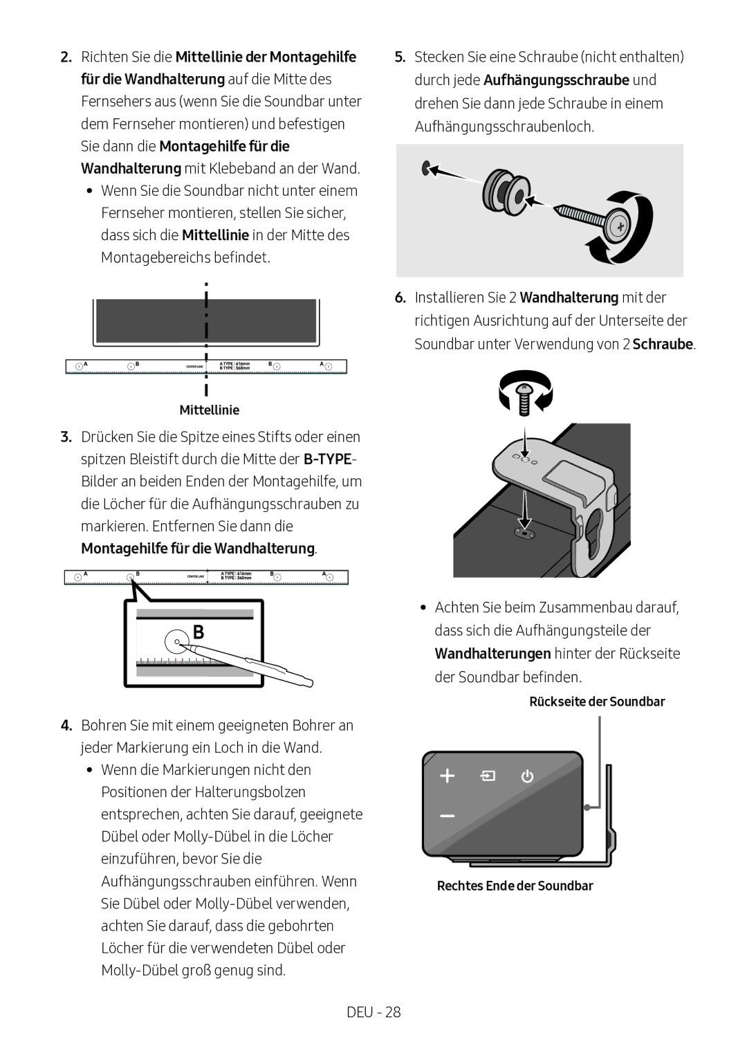 Samsung HW-N460/XE, HW-N450/ZG, HW-N450/ZF manual Montagebereichs befindet, Rückseite der Soundbar Rechtes Ende der Soundbar 