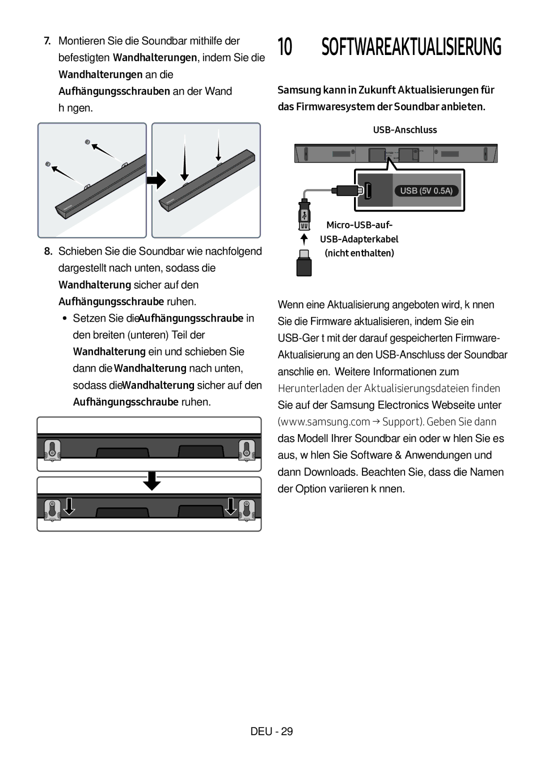 Samsung HW-N450/ZG, HW-N450/ZF, HW-N450/XN manual Softwareaktualisierung, Micro-USB-auf USB-Adapterkabel Nicht enthalten 