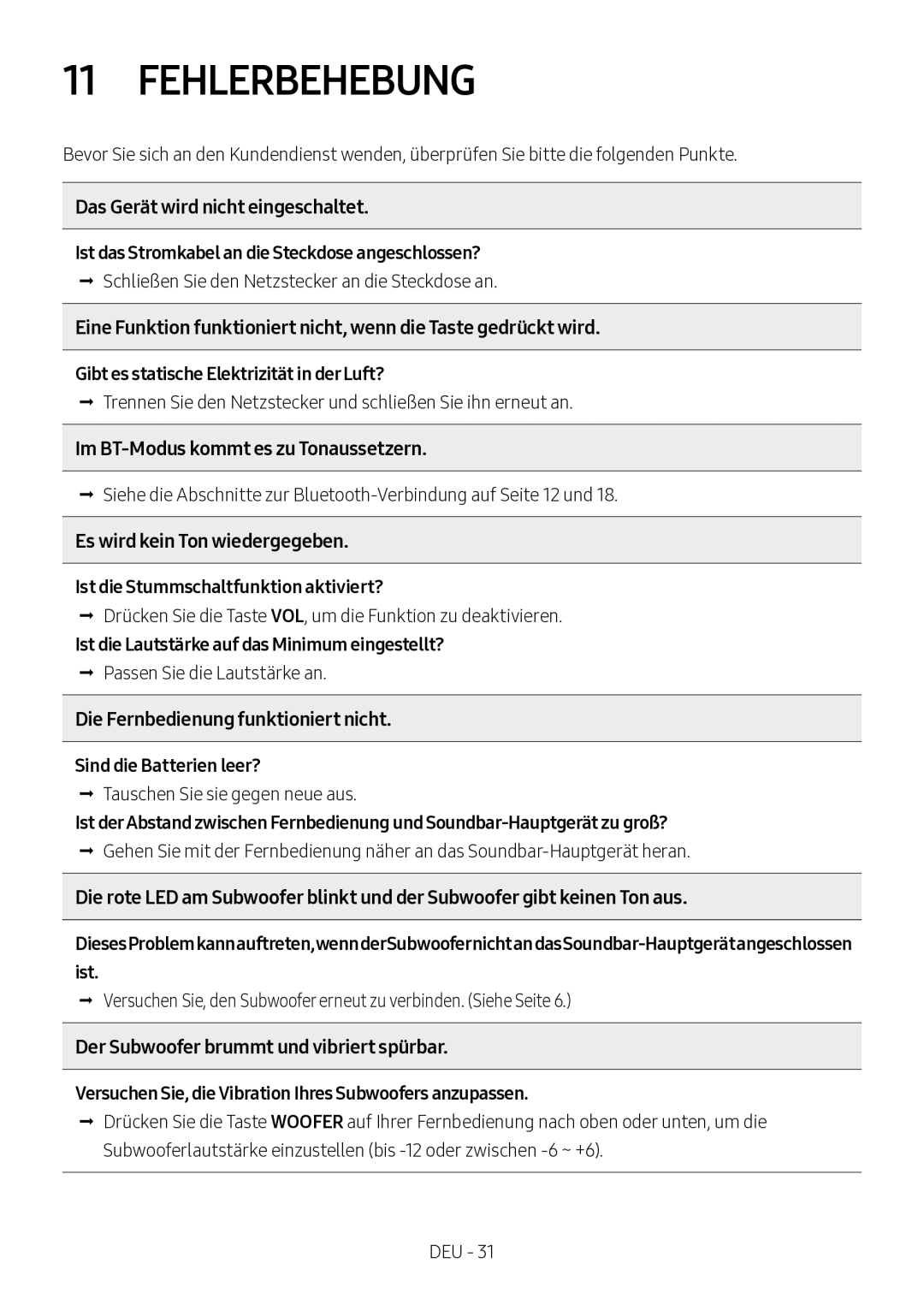 Samsung HW-N450/XN, HW-N450/ZG, HW-N450/ZF, HW-N450/EN, HW-N460/XE manual Fehlerbehebung, Das Gerät wird nicht eingeschaltet 