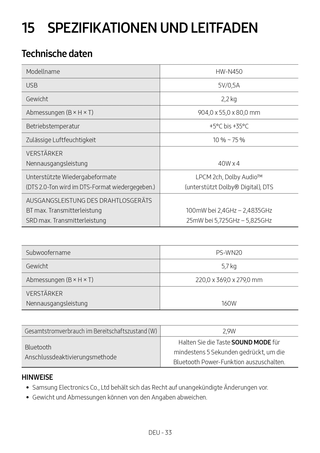 Samsung HW-N460/XE, HW-N450/ZG, HW-N450/ZF, HW-N450/XN, HW-N450/EN manual Spezifikationen UND Leitfaden, Technische daten 