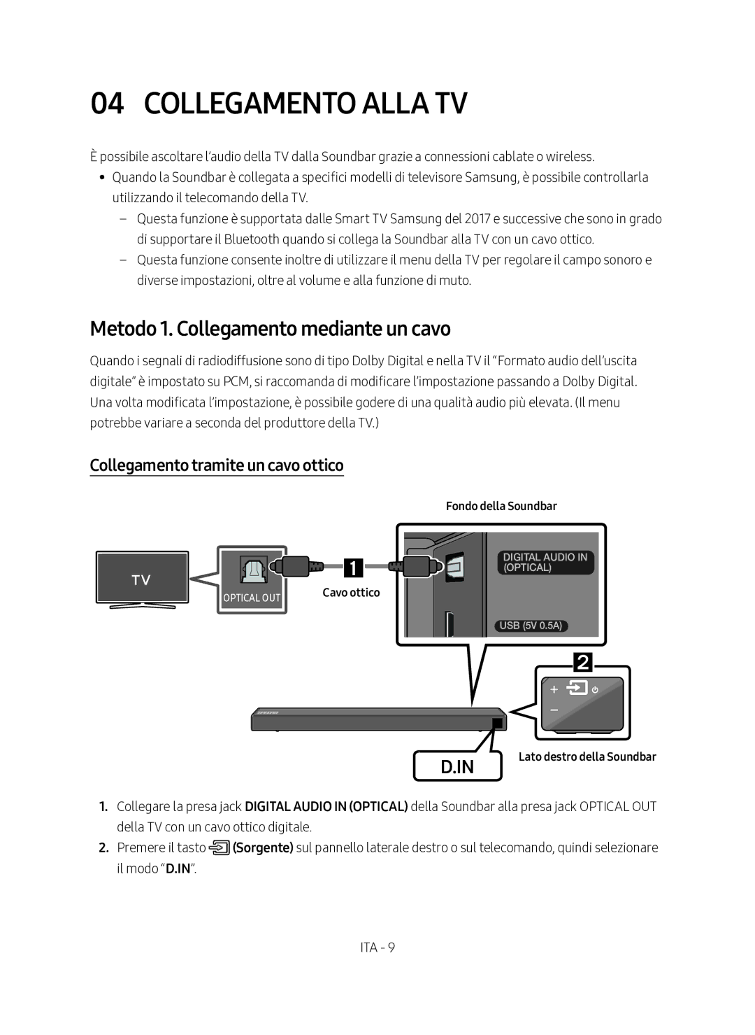 Samsung HW-N450/ZG Collegamento Alla TV, Metodo 1. Collegamento mediante un cavo, Collegamento tramite un cavo ottico 